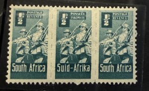 South Africa  1942 1/2pStrip of 3 hinged soldiers #90 mint