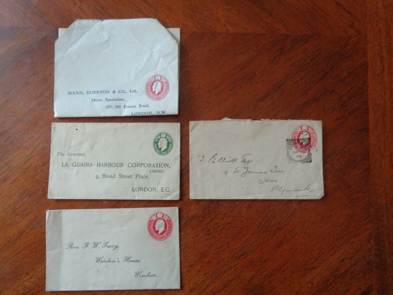 Edward V11. 4 Items of Postal Stationery 3 pre printed reply Envelopes.