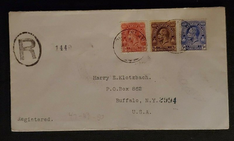 1926 Turks and Caicos Islands Buffalo New York via NY City USA Registered Cover