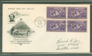 US 855 1939 3c Baseball/100th anniversary (block of four) on an addressed first day cover with an artcraft cachet.