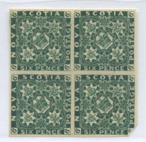 Nova Scotia QV 1857 6d dark green Reprint block of 4, lower corner nicked