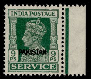 PAKISTAN GVI SG O3, 9p green, NH MINT.