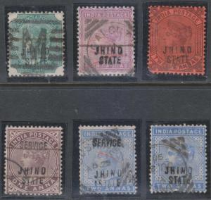 INDIA CONVENTION STATES JIND QV ISSUES 6 STAMPS WITH FAKED OVPTS USED F,VF