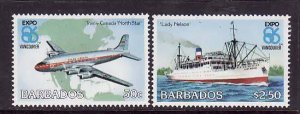 Barbados-Sc#680-1- id9- unused NH set-Planes-Ships-Vancouver Expo-1986-