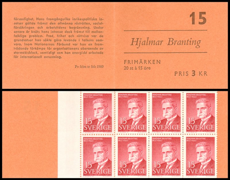 Sweden 566a MNH complete stamp booklet H. Branting by Czeslaw Slania