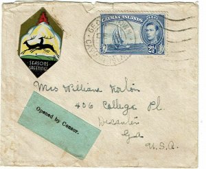 Cayman Islands 1940 cover to the U.S., blue censor label