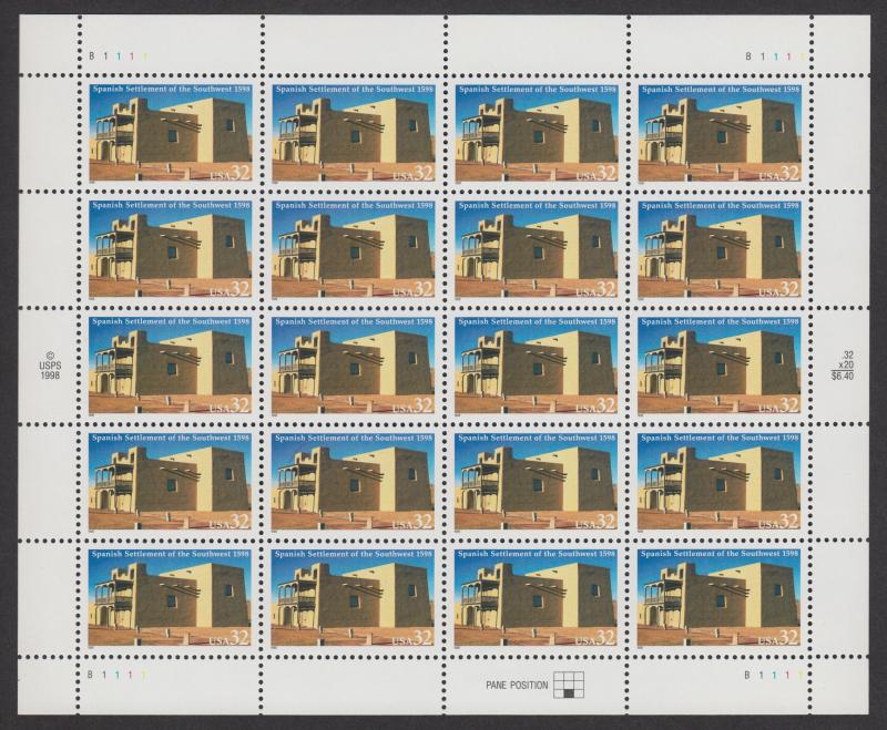 US #3220   Spanish Settlement   Full sheet of 20  MNH