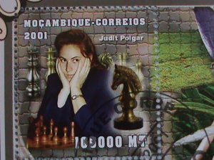 MOZAMBIQUE STAMPS: 2001: CHECKER JUDIT POLGAR CTO SOUVENIR SHEET WITH SCOTS LOCO