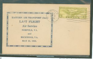 US C17 Last flight air service Norfolk & Richmond May 31, 1933 unaddressed.