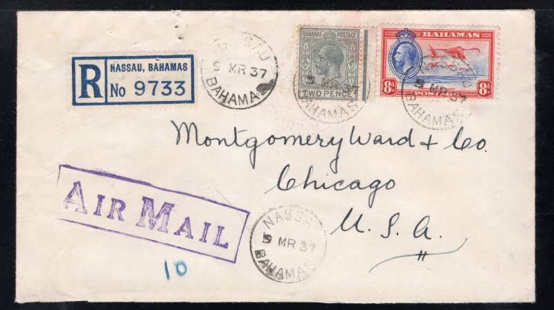 Bahamas 1937 Registered Airmail cover to Chicago franked 2p & 8p, Scott 74, 96