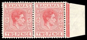 Bahamas 1938 KGVI 2d scarlet pair with SHORT T variety VFM/MNH. SG 152b,152ba.