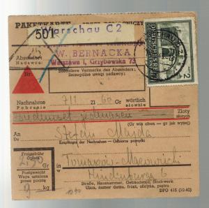 1943 Poland Warsaw to Radom parcel Post REceipt Cover W Bernacka Stefan Majda