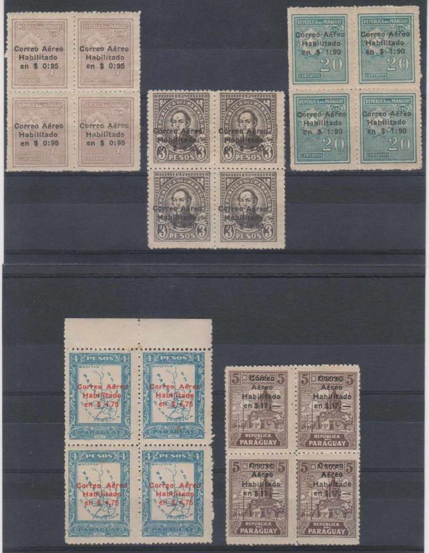 PARAGUAY 1929 Sc C13-C14 & C16-C18 TOP VALUES BLOCKS OF FOUR MINT & MNH F,VF