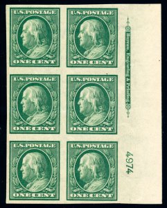 US 343 1c 1908 Franklin double line watermark NH plate block of 6 type V imprint