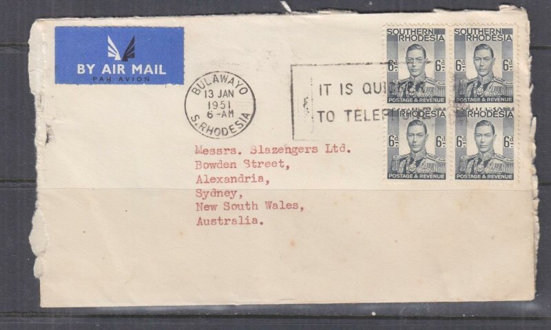 SOUTHERN RHODESIA, 1951 Airmail cover, Bulawayo to Australia, KGVI 6d. block 4