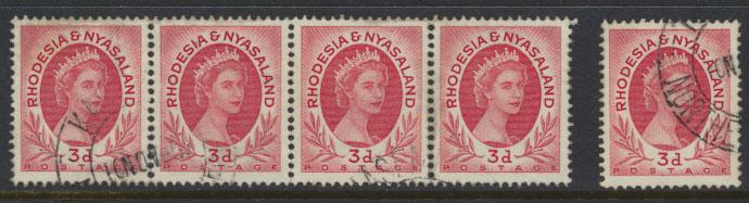 Rhodesia & Nyasaland SG 4 Used strip of 4 plus shade 