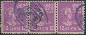 US 817 12 cent Presidential Issue; Used strip of 3 -- See details and scan