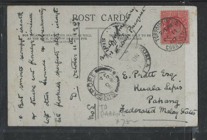 MALAYA  PAHANG COVER (P0605B) 1907 INCOMING PPC FROM ENGLAND TO KUALA LIPIS