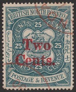 NORTH BORNEO 1890 'Two Cents' on Arms 25c indigo 3.5mm spacing (1st printing).