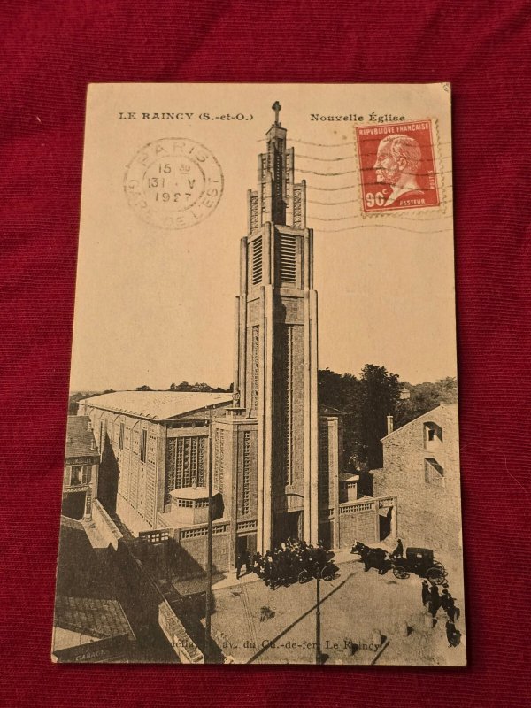 1927 French Postcard Le Raincy Church Paris Postmark Mailed Architecture RPPC