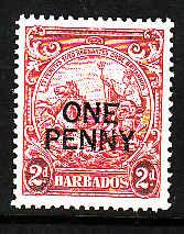 Barbados-Sc#209b - 1p on 2p brt rose red unused-light hinged -perf 13.5x13