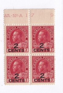 CANADA # 140 VF-MNH BLOCK OF 4 WITH PART INSCRIPTION PLATE PROVISIONALS CV $400