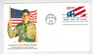 1990 BOY SCOUTS CACHET FDC AMERICA'S FIRST PLASTIC 25c STAMP Seattle Washington