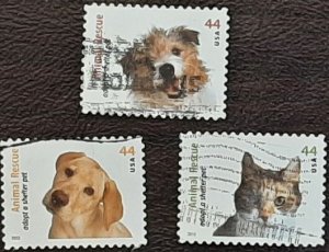 US Scott # 4451,4453; 4454; 3 used 44c Animal Rescue, 2010; VFcentering; off ppr