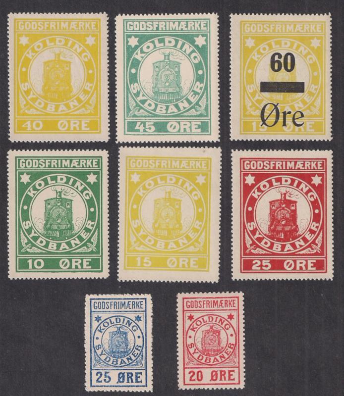 DENMARK: KOLDING RAILWAY Express Parcel Set of EIGHT! Mint NH (low values NG)