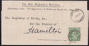 TASMANIA 1926 Birth notice GRETNA cds to Hamilton T perfin GV 1d green.....B1783