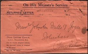 NEW ZEALAND 1919 Returned Letter ; Dead Letter Office cover ex Wellington..15920