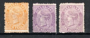 Australia - Queensland 1879-81 4d and 1s x s shades SG 141, 144 and 145 MH