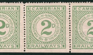 GB Wales CAMBRIAN RAILWAY Letter Stamps BLOCK OF THREE 2d Mint MM RSB104
