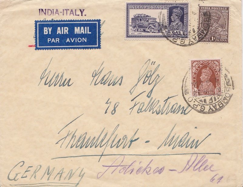 India 8a KGVI Mail Truck and 1/2a and 1a KGVI 1938 Bombay G.P.O. Airmail to F...