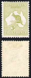 Australia SG5 3d Yellow-Olive Die I Kangaroo wmk 1st Crown M/M cat 85