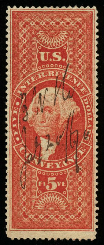 B307 U.S. Revenue Scott R89c $5 Conveyance, 1870 manuscript cancel