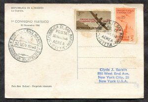 d246 - Italy SAN MARINO 1946 Air Post Two Values on Postcard to USA. Stamp Expo