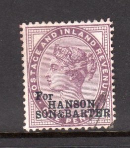 1d LILAC WITH 'HANSON SON & BARTER' PROTECTIVE OVERPRINT 
