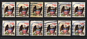 SC#1596 13¢ Eagle & Shield Singles (1975) Used Lot of Twelve Stamps