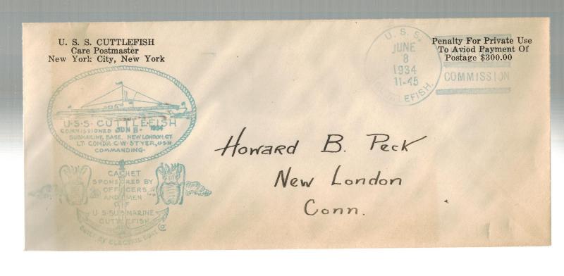 1934 USS Cuttlefish Submarine Commissioning Naval Cover New London CT