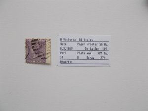 QV 1870 6d Mauve SG 109 Plate 8 Without Hyphen Fine Used Wing Margin Cat £90