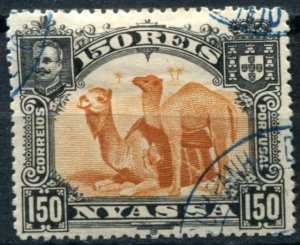 Nyassa Sc#36 Used, 150r blk & dp org, King Carlos I (giraffe and camels) (1901)