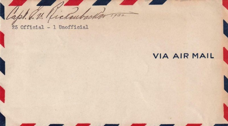 1932, Capt. Eddie Rickenbacker Autograph on a Unmailed Airmail Cover  (42313) 