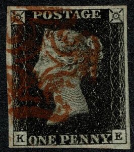 GB 1d intense Black. Plate 8 KE. Four margins cancelled by red Maltese Cross