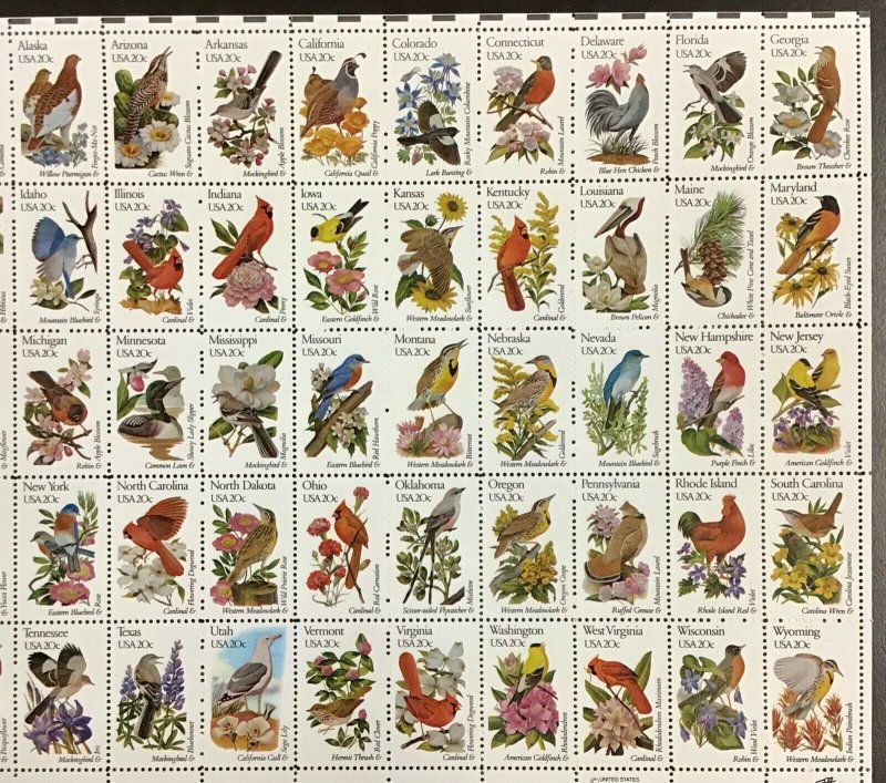 1953-2002  State Birds & Flowers Issue 20 c stamp  Sheet of 50 1982 Line perfs