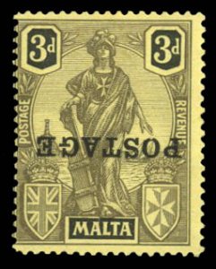 Malta #122a Cat$200, 1926 3p black, overprint inverted, very lightly hinged