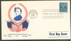 US 819 1938 14c Franklin Pierce (presidential/prexy series) single on an unaddressed first day cover with a Grandy cachet.