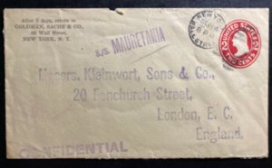 1909 Wall Street NY USA SS Mauretania Stationery Cover To London England