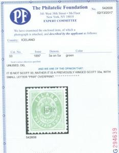 Iceland #33a (Facit #36) Extra Fine Mint Full Original Gum Hinged **With Cert.**