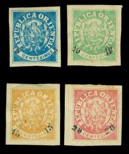 URUGUAY 1866 Coat of Arms SURCHARGED set  Scott # 24-27 mint MH